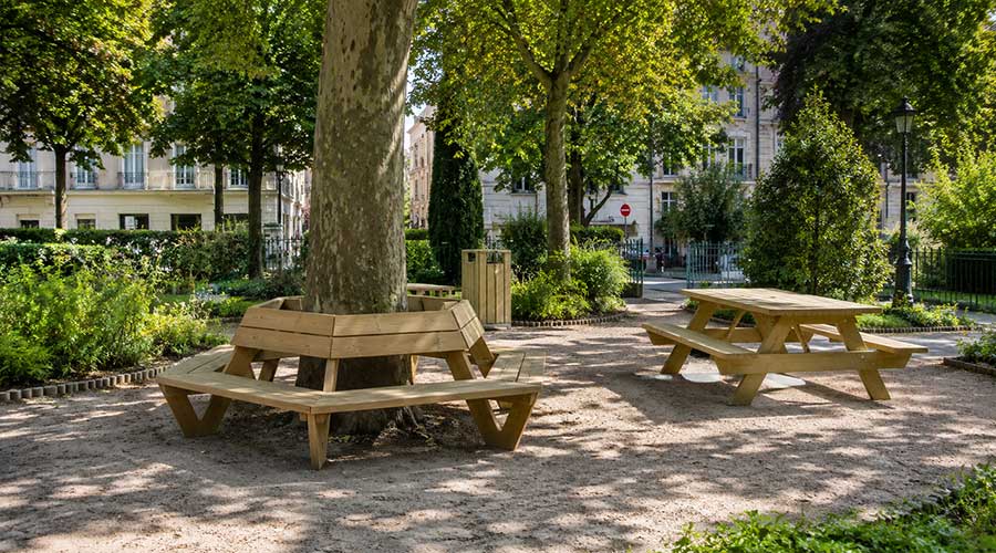 banc tour d'arbre et table pique nique en bois dans un square